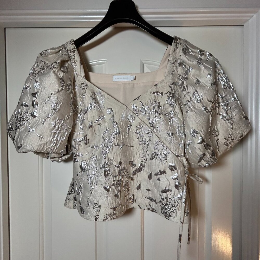 Jonathan Simkhai Taylor Matelassé Puff Sleeve Top Champagne with Silver Metallic